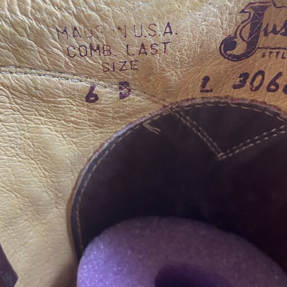 Women's 6B Vintage Justin Burgundy Roper, Mid-Calf Cowboy Boots, Made in the USA - Picture 9 of 9